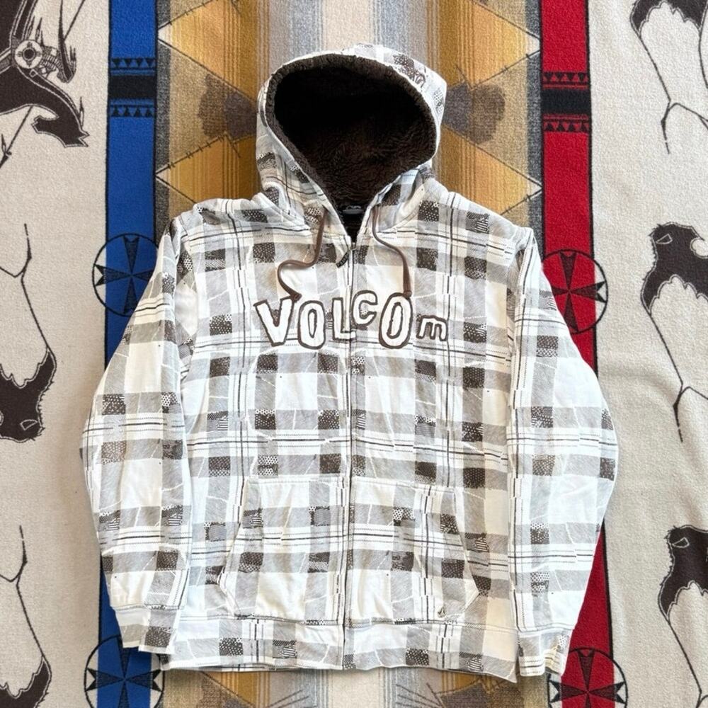 Vintage Y2K Volcom Sherpa Lined Full Zip Hoodie Sweatshirt Size 2XL Skate Grunge